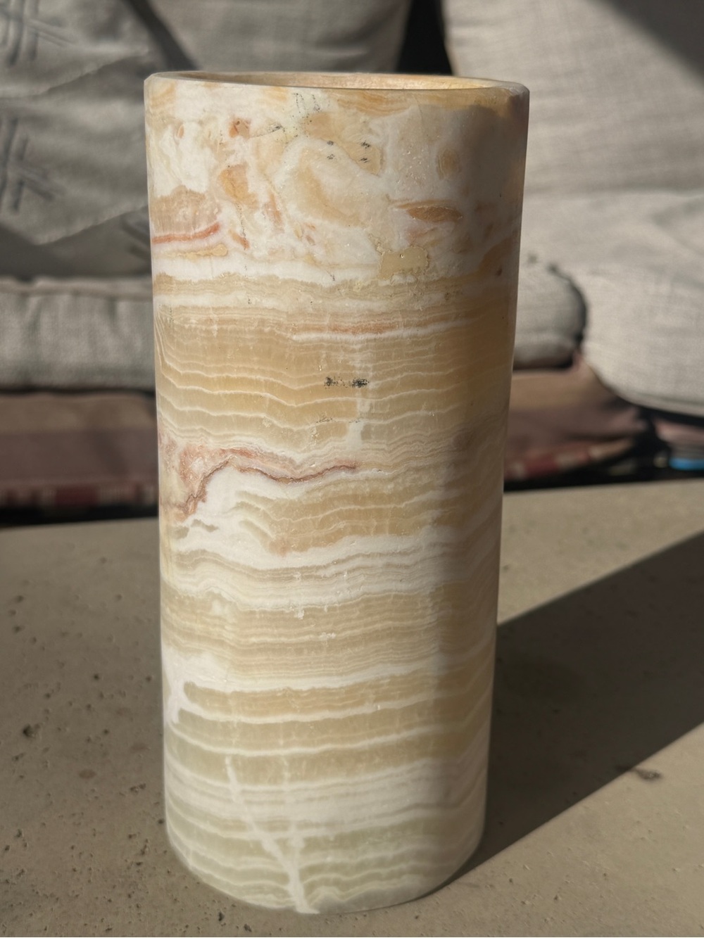 Hand Carved NATURAL STRIPED ALABASTER ONYX STONE Egyptian Candle Holder CYLINDER - Picture 4 of 6